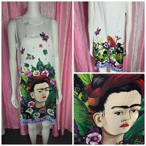 Frida Kahlo Floral White Satin Jungle Print Slip Dress Size Medium